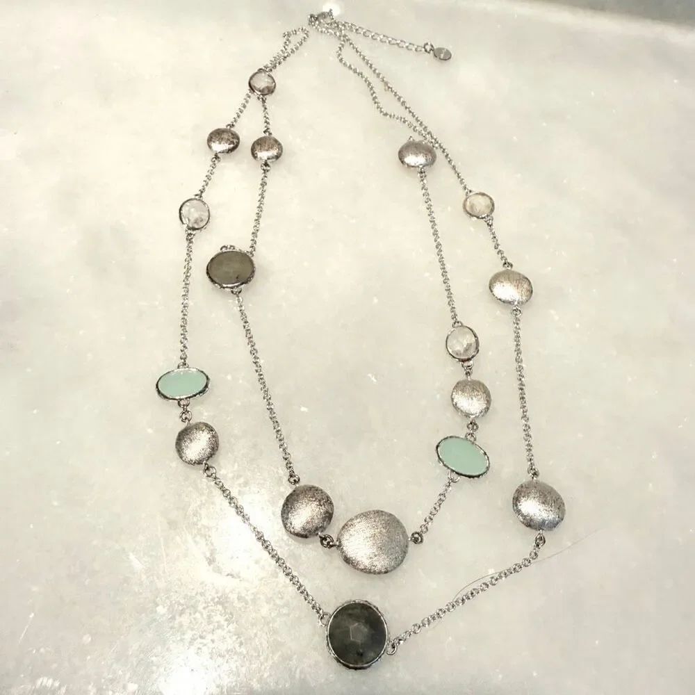 Vintage Stella and Dot Bezel Set Stones Silver-tone Chain Long Station Necklace